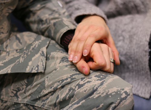 Military,Couple,Holding,Hands,,Married,Caucasian,,Air,Force.